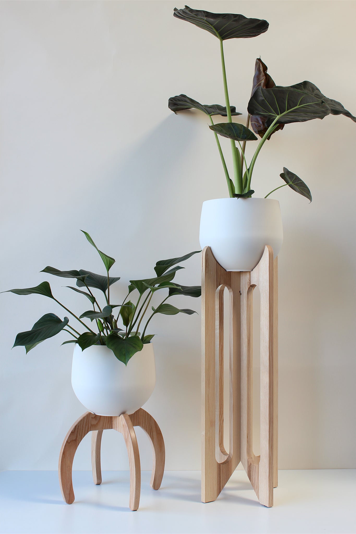 modern tall wood plant stand and small nested wood plant stand with pots