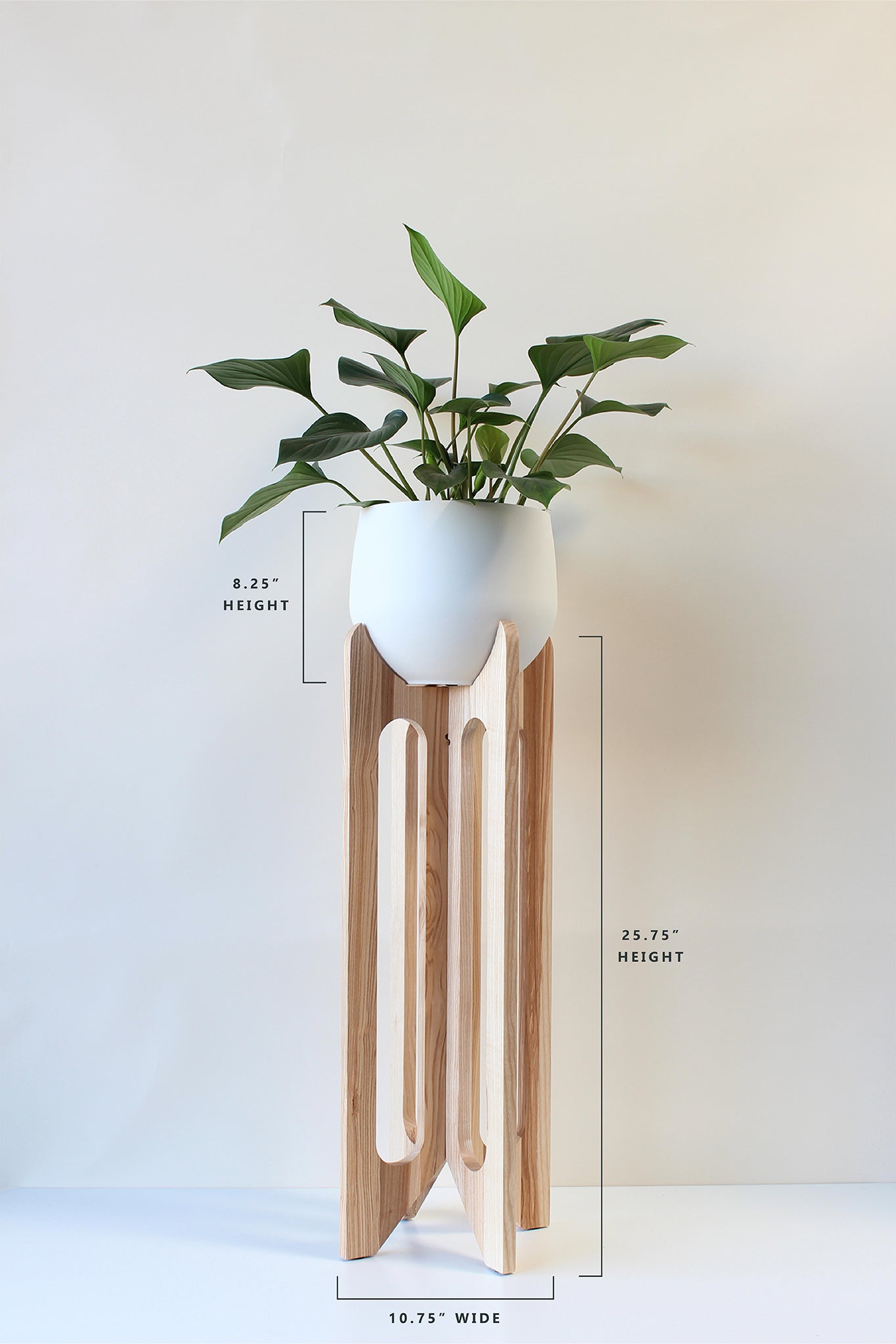 A white ash hardwood Arches Plant Stand with a spun aluminum pot on a white background with the product dimensions.