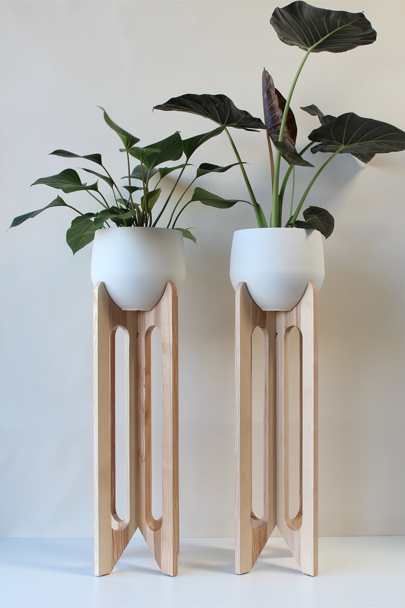 tall modern wooden plant stand with pot duo