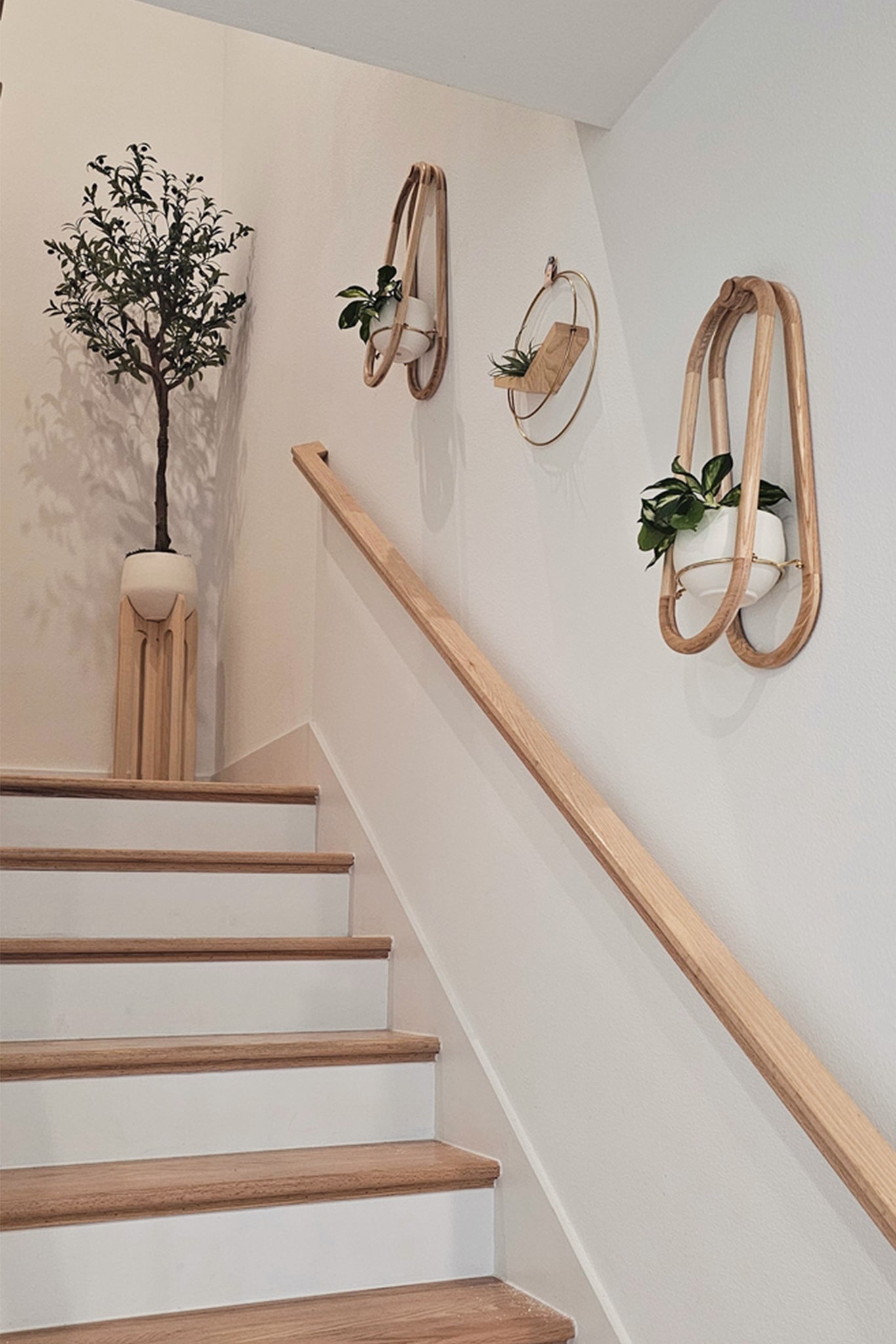 Staircase with the Frame Wall Planter Duo, a V-Hanger, and the Arches Plant Stand decorating the space.