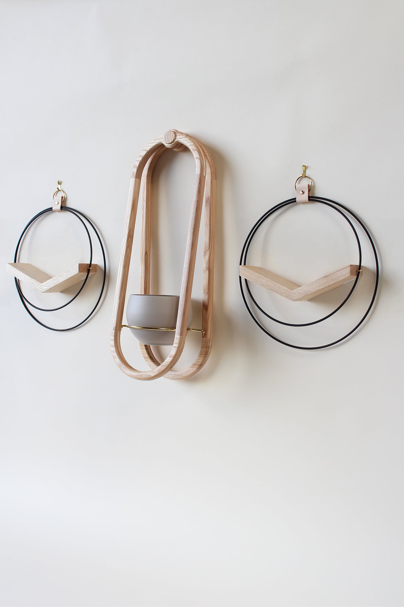 three modern wall mounted air plant and house plant shelf on white background