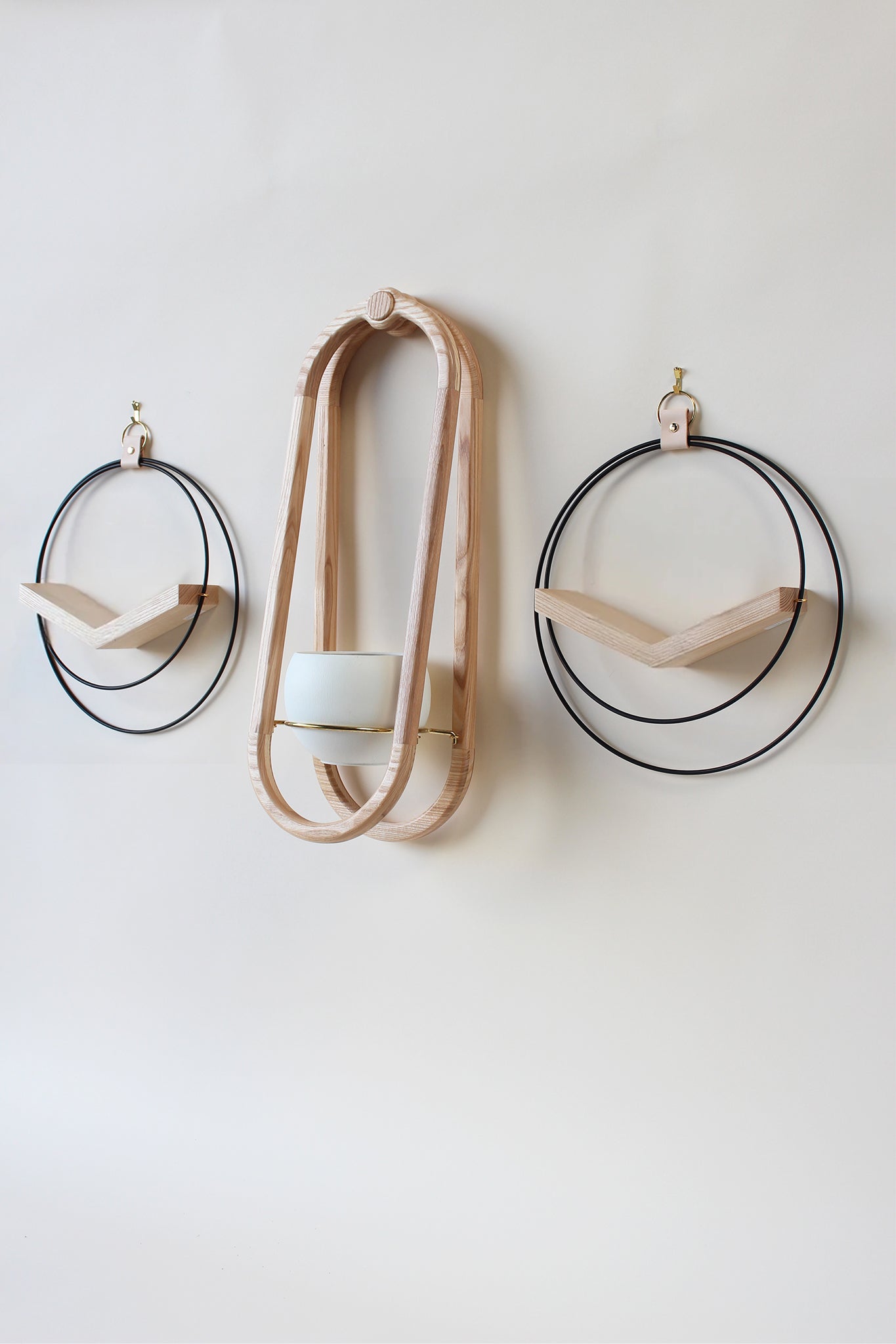 three modern wall mounted plant holders on white background