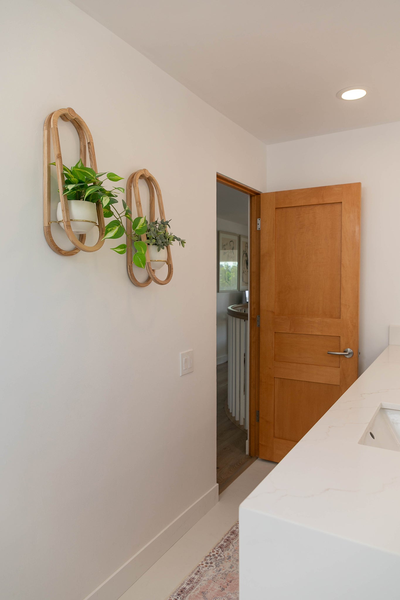 Bathroom interior with wooden door, white countertop, and two Frame Wall Planters.