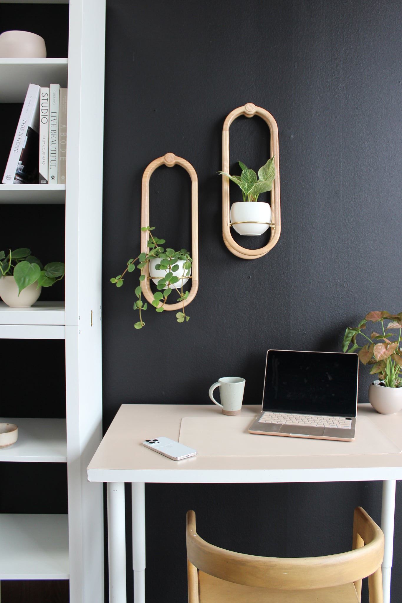 modern and moody home office styled with frame wall planter + pot by braid & wood