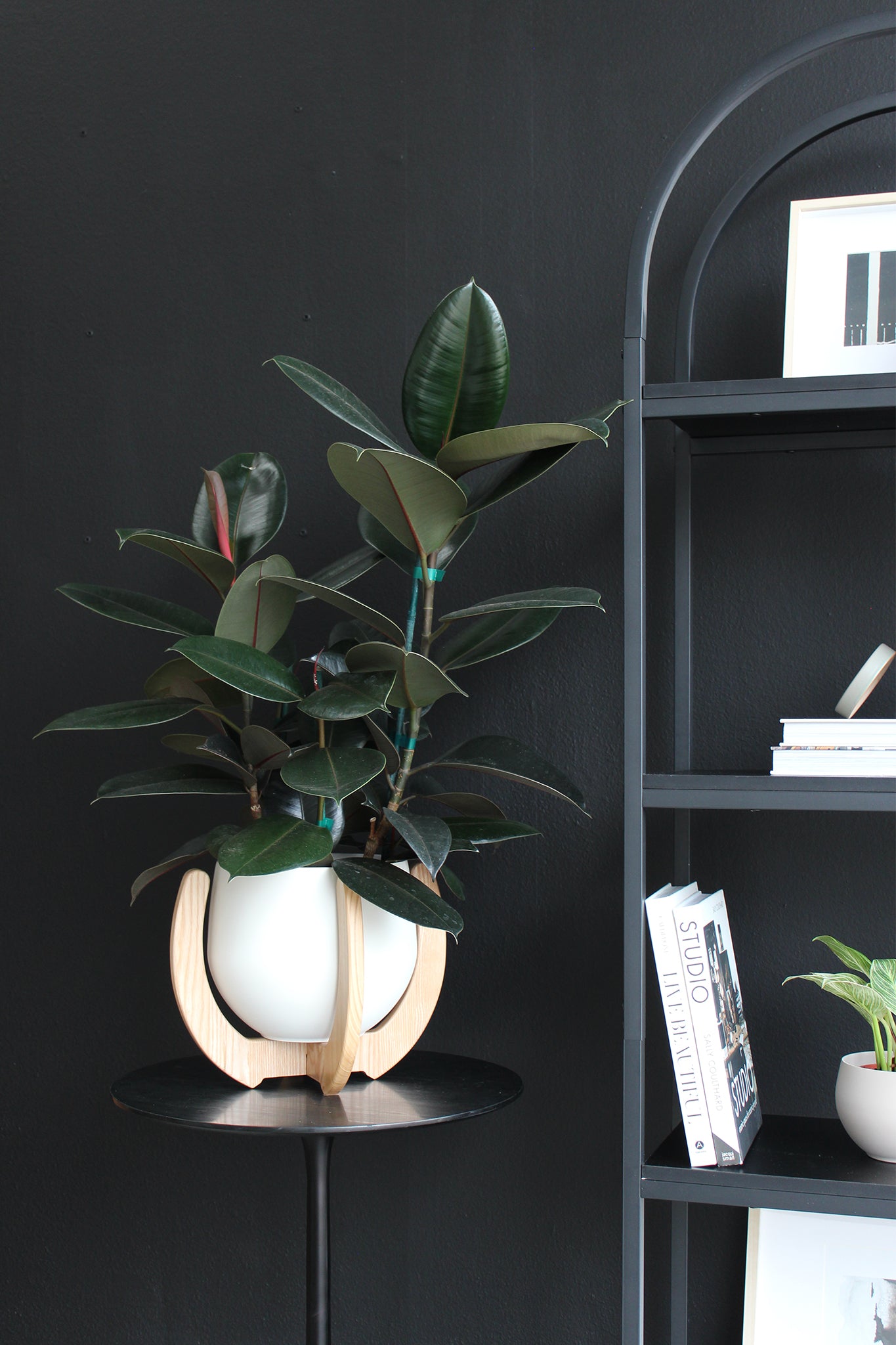 The Nested Plant Stand on a side table next to a modern bookcase with decorative elements.