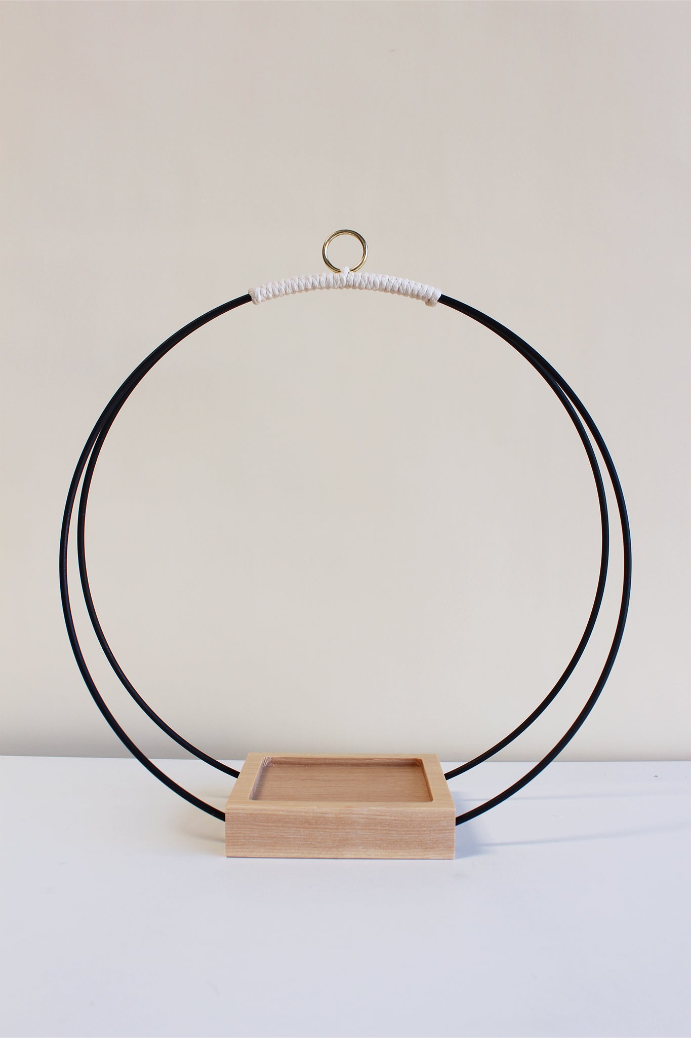 large circular hanging planter with matte black rings and no pot
