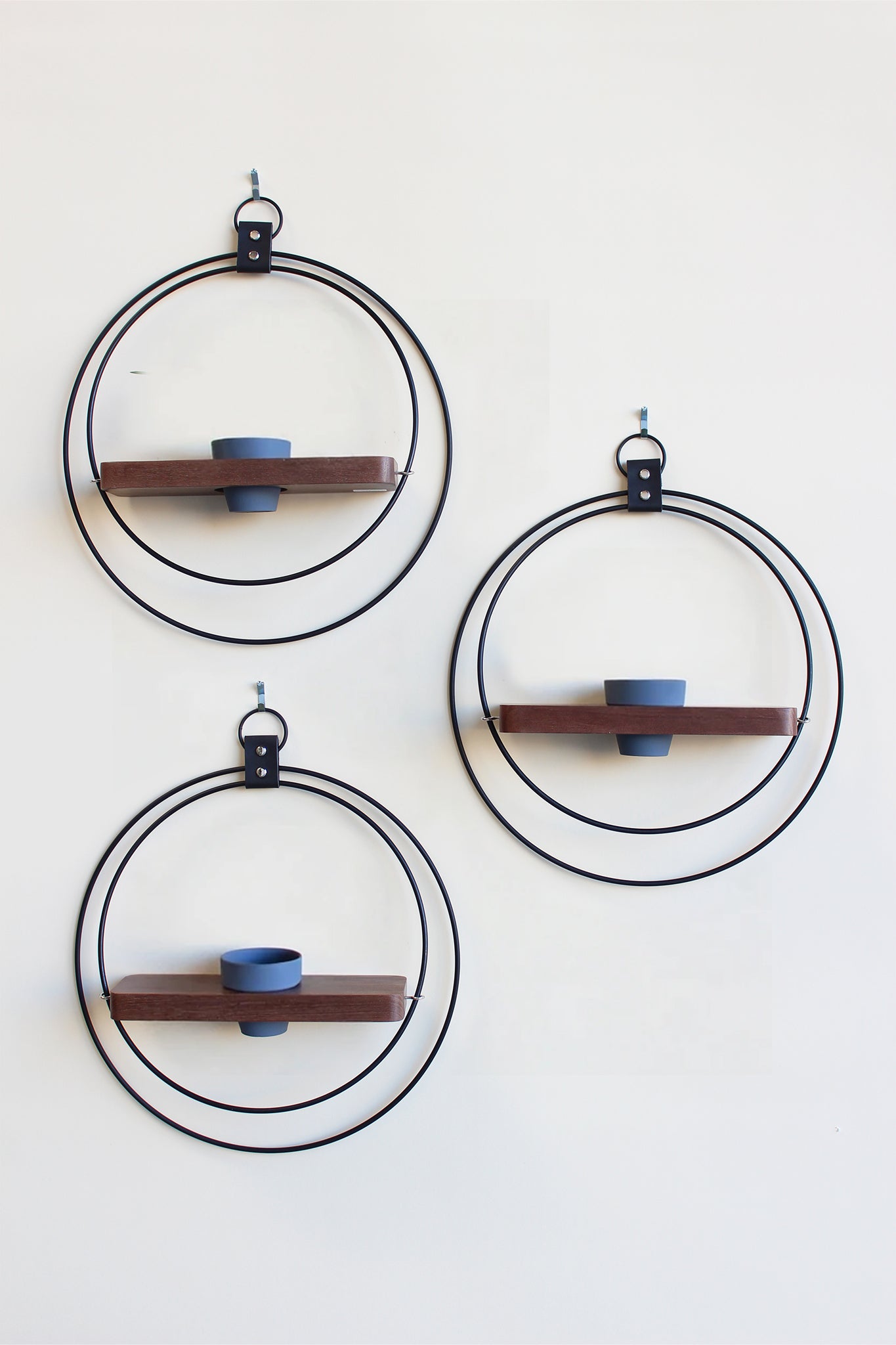 three black circular plant wall mounted plant shelves with mini charcoal pot on a white background