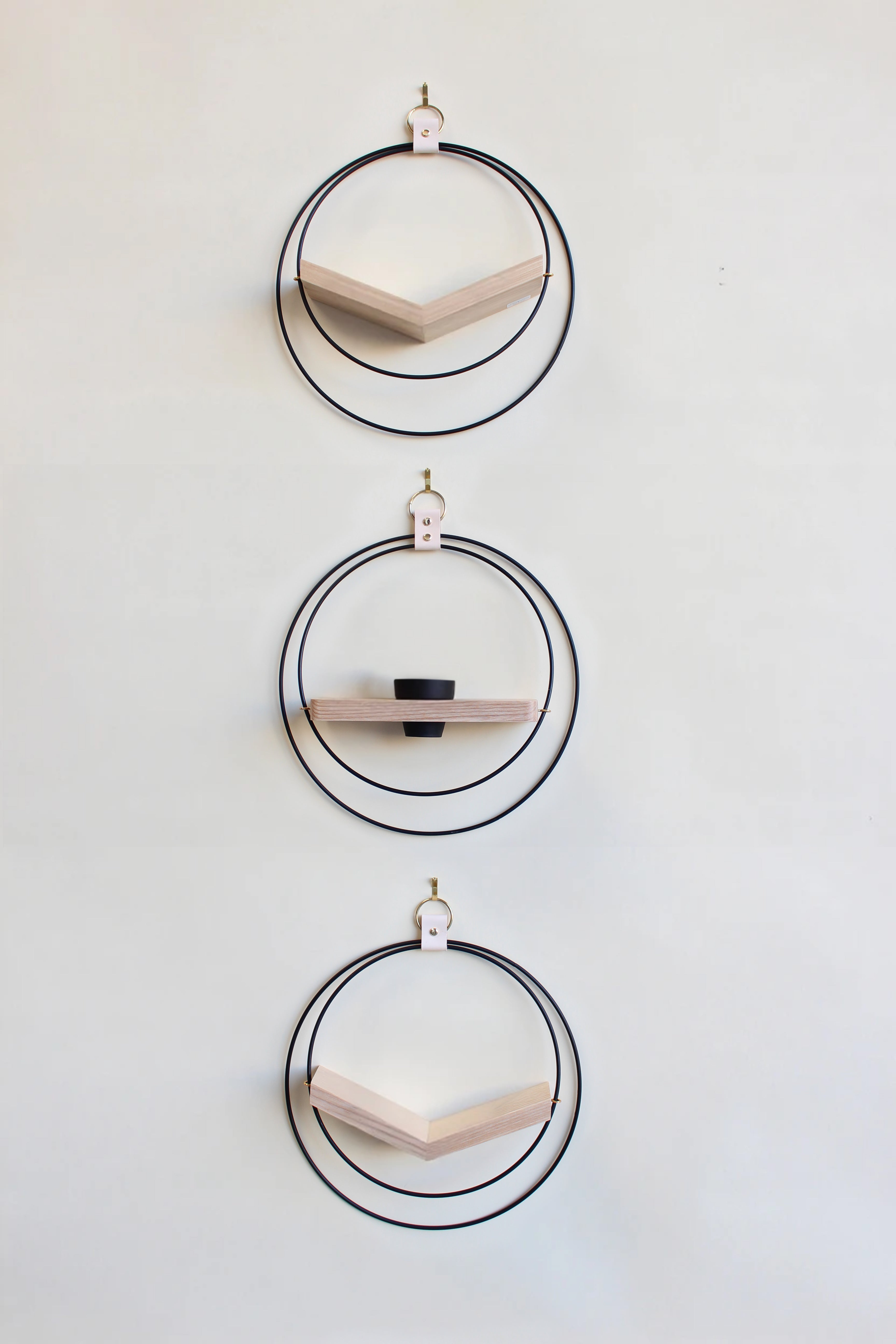 three black circular wall mounted plant hangers with light wood shelf on white background