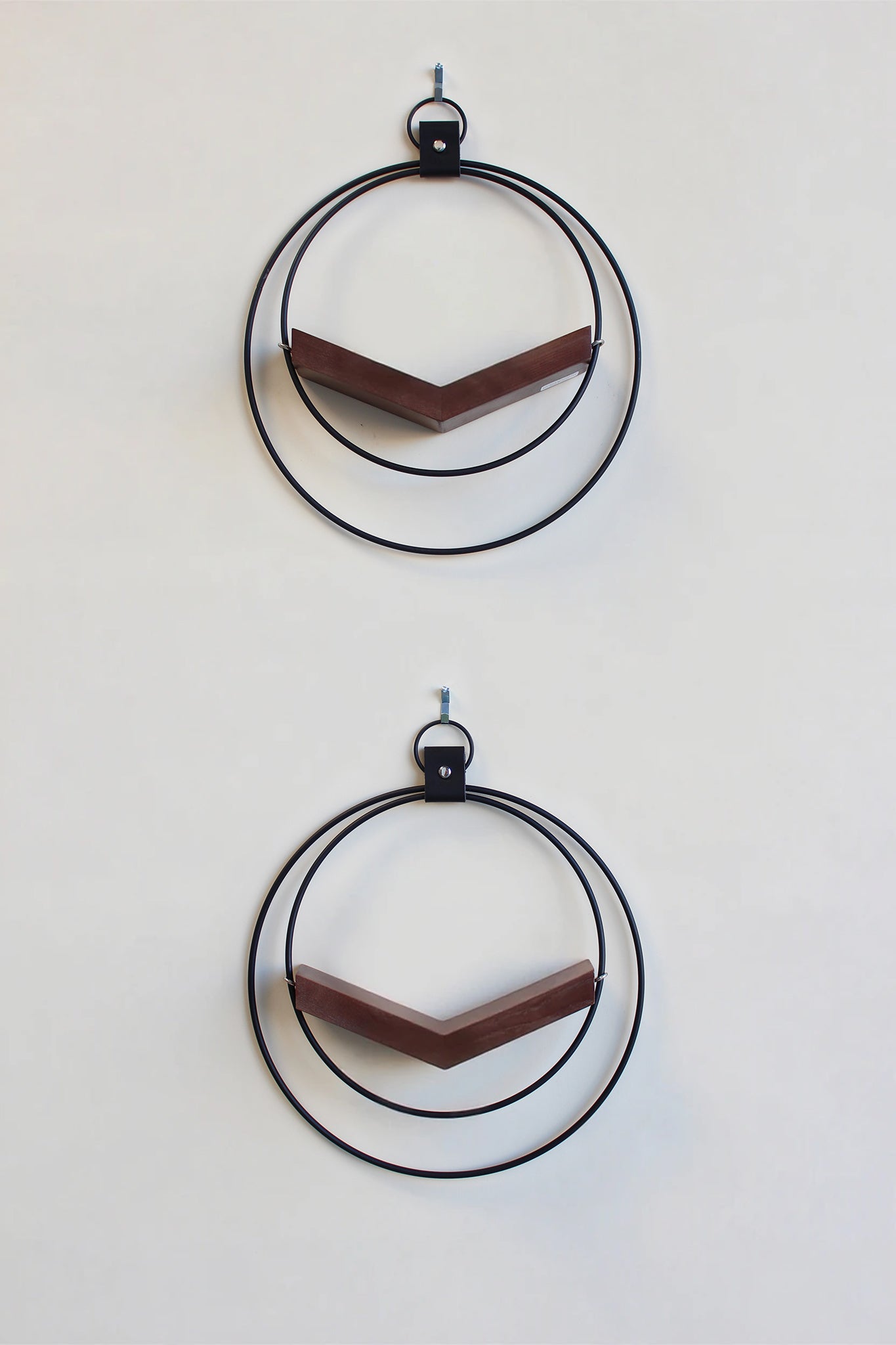 two small matte black circular modern wall mounted air plant holders with dark white ash hardwood on white background