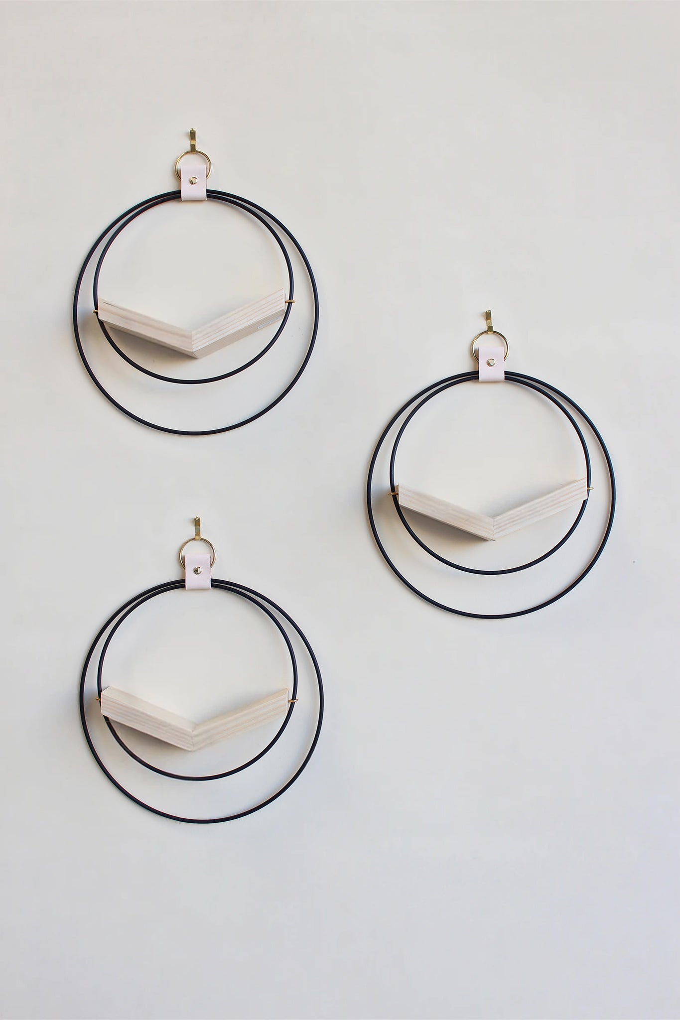 three matte black circular wall mounted air plant holders for wall decor on white background