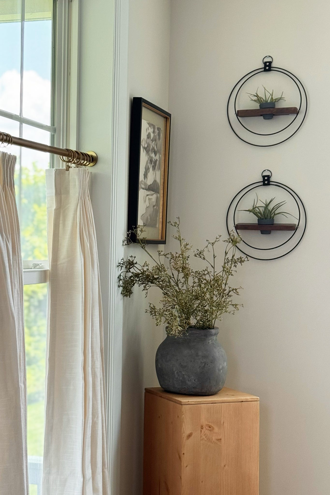 A detail shot of a dining room corner with a window, framed picture, wooden cabinet, and two wall-mounted circular planters with air plants in a terra cotta pot on a neutral wall.