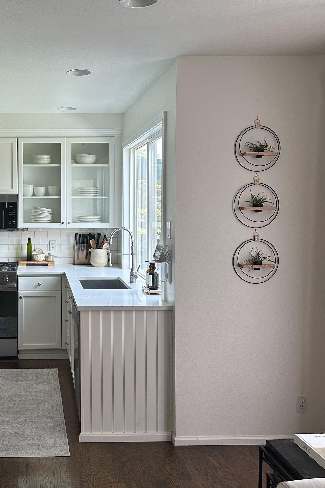 Modern kitchen with white cabinets, marble countertop, and modern wall decor featuring air plants and a small terra cotta pot.