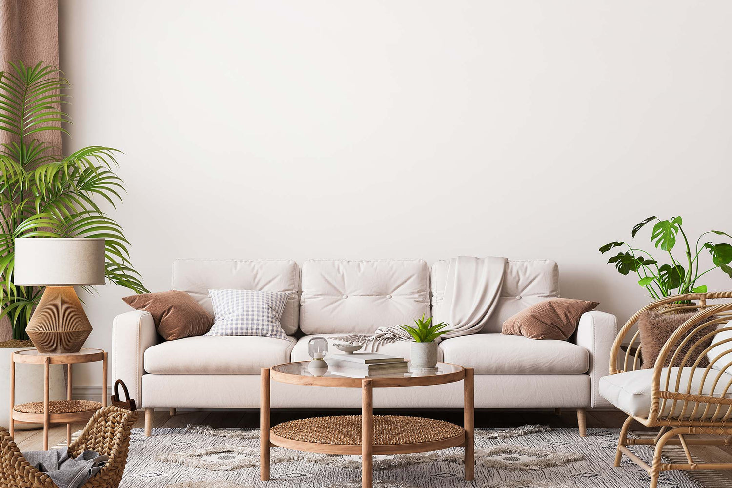neutral and stylish living room with houseplants