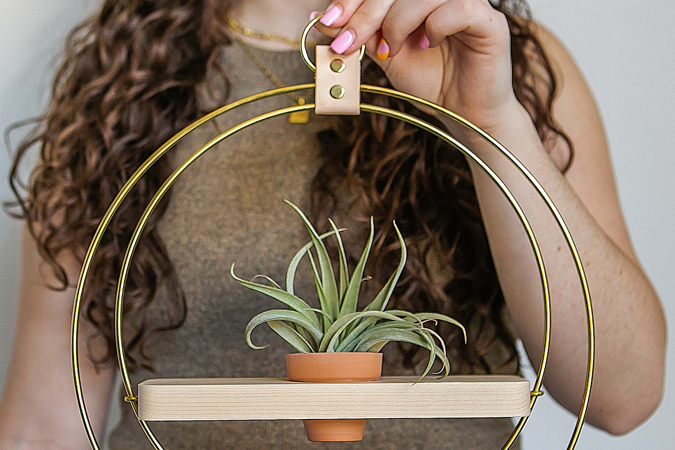 person holding gold modern plant shelf with mini terracotta pot and air plant