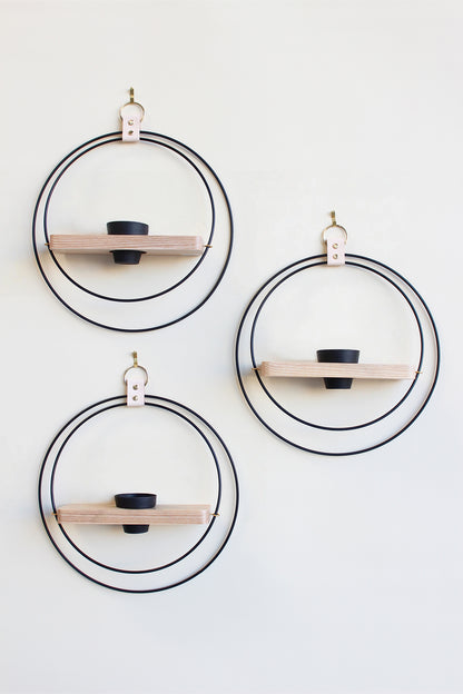 three gold circular plant wall mounted plant shelves with mini black terracotta pot on a white background