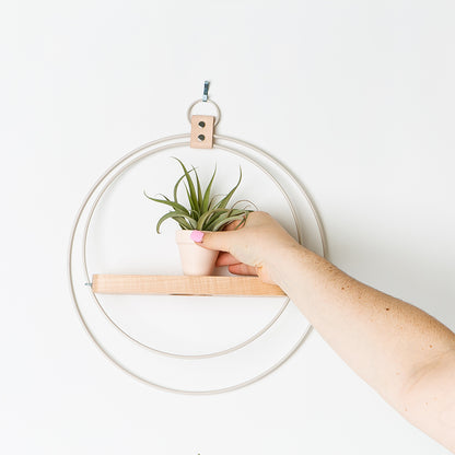 person holding a maple wall mounted plant shelf with white rings and blush pot
