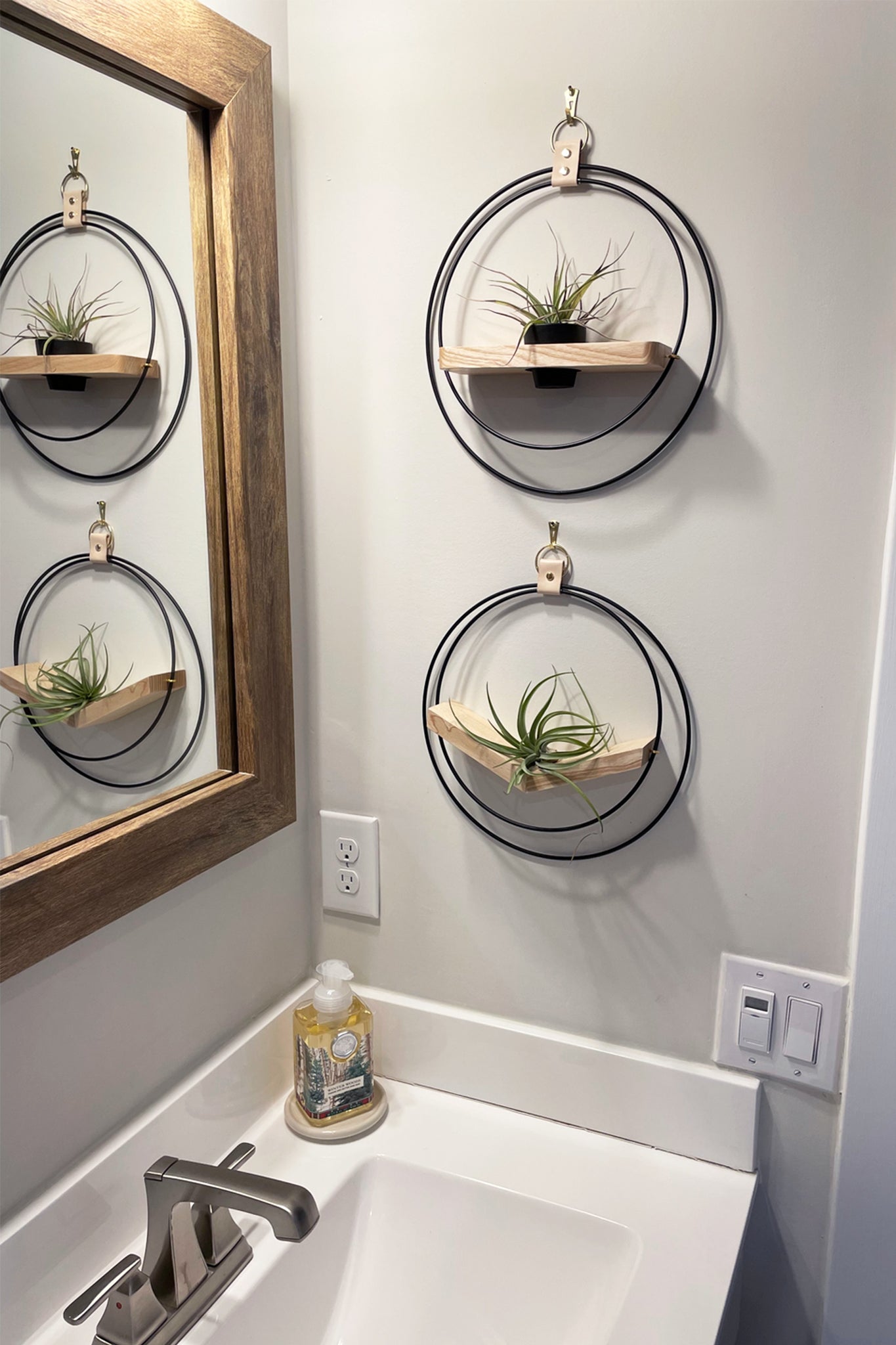 Bathroom with circular wall shelves holding plants, a sink, and mirror.