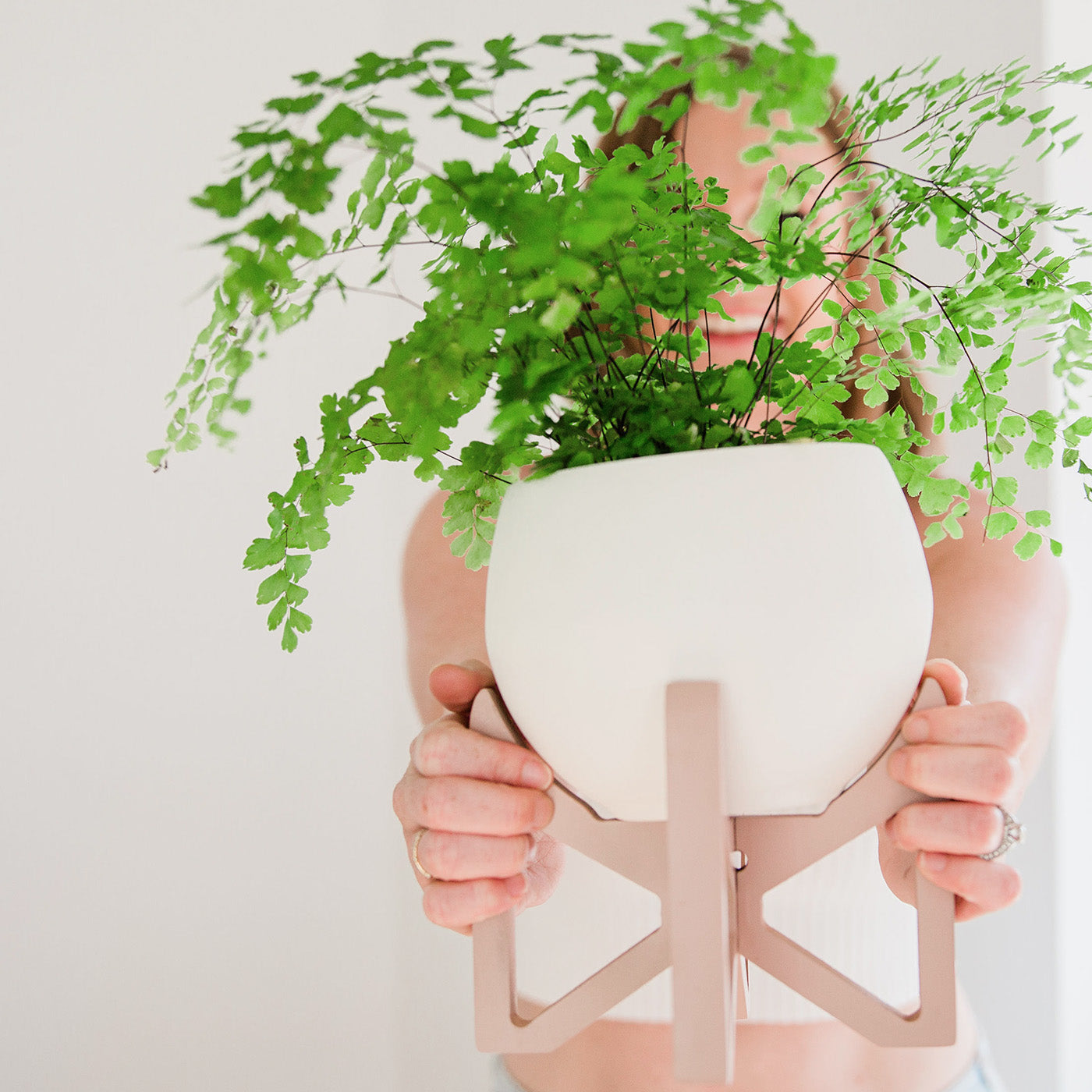 person holding braid & wood tabletop plant stand in the color dune styled with maidenhair fern houseplant