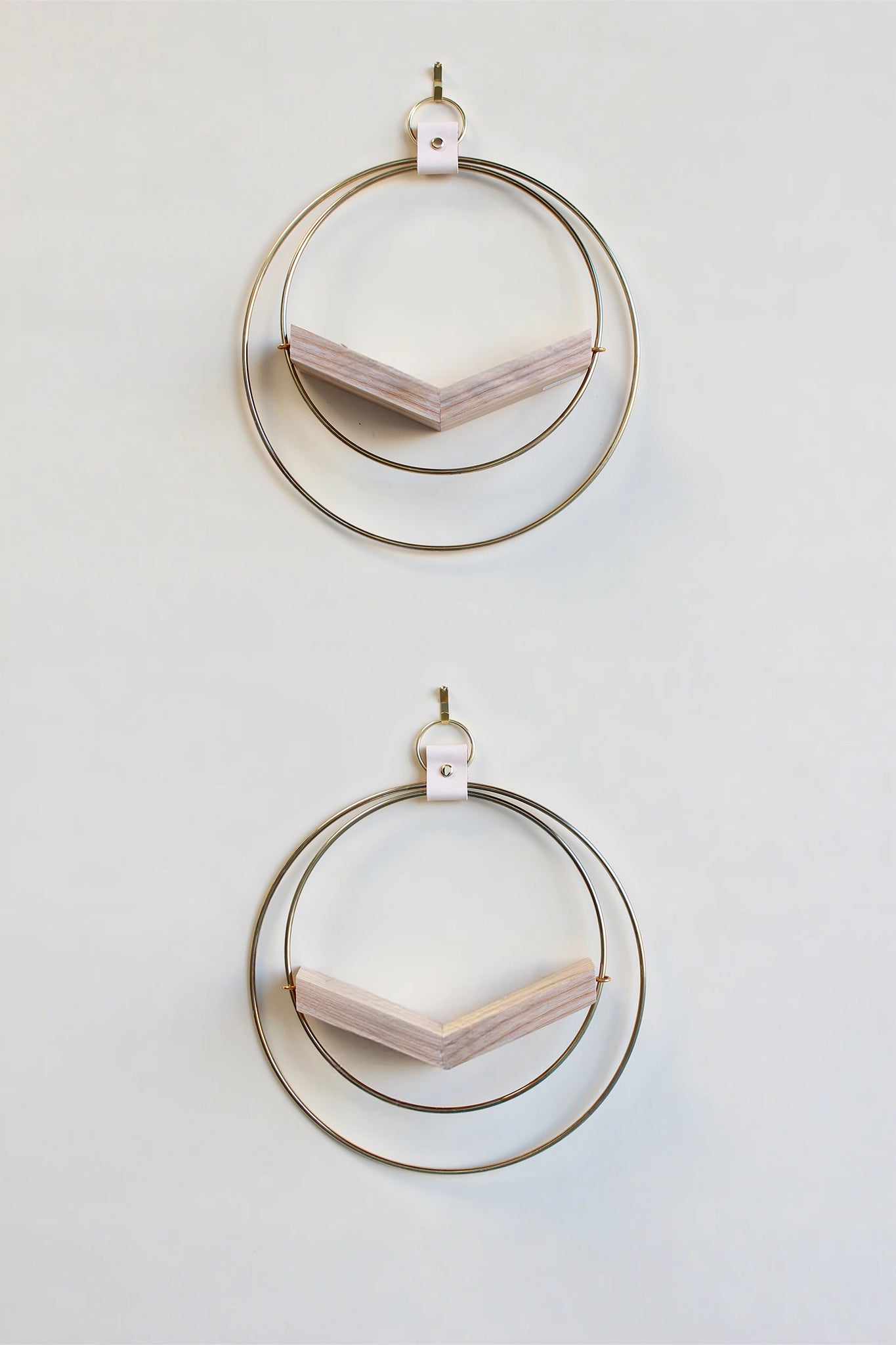 two small gold circular modern wall mounted air plant holders with light white ash hardwood on white background
