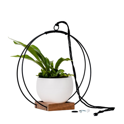 large plant hanger with black metal and walnut wood base and white colored aluminum pot