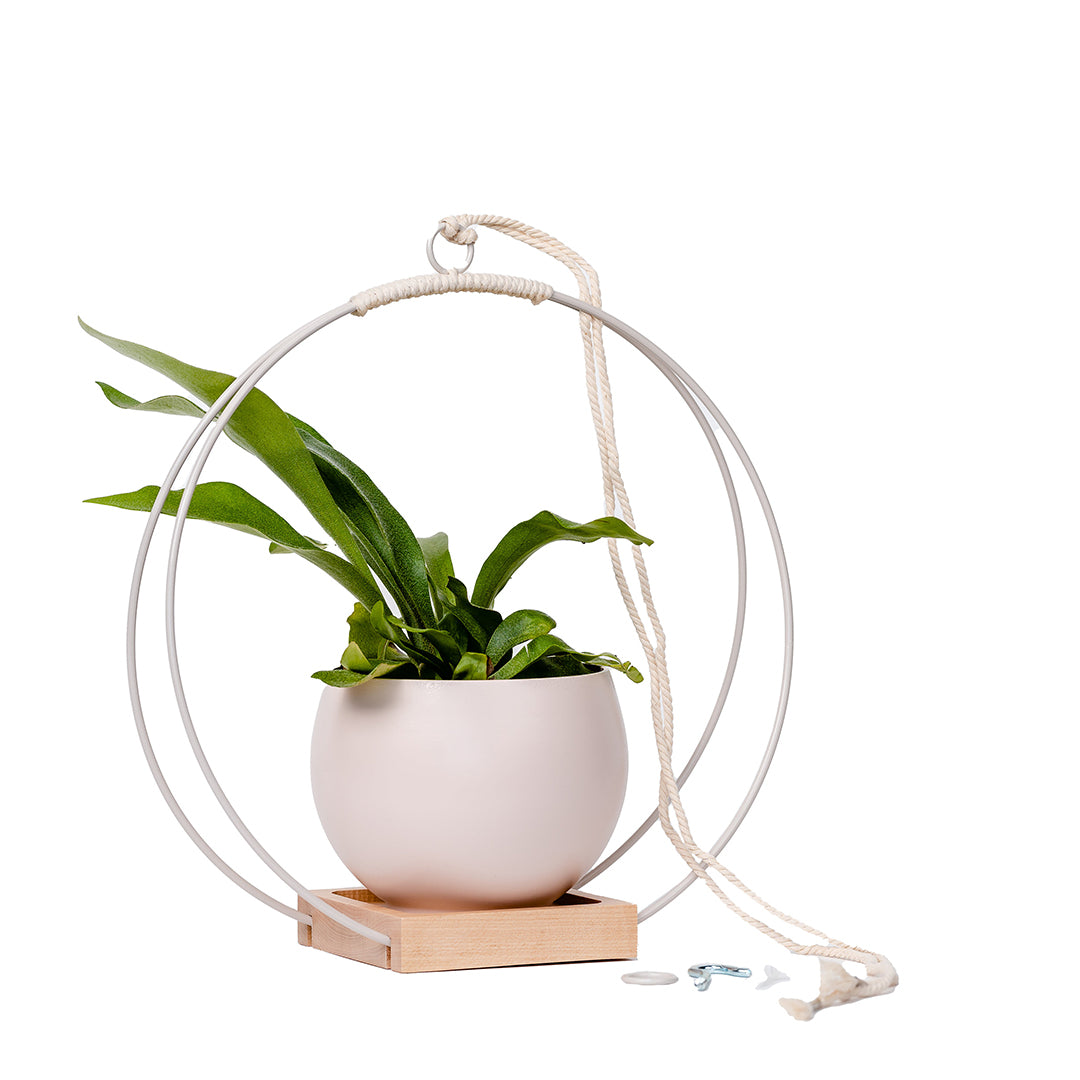 large plant hanger with white metal and maple wood base and blush colored aluminum pot