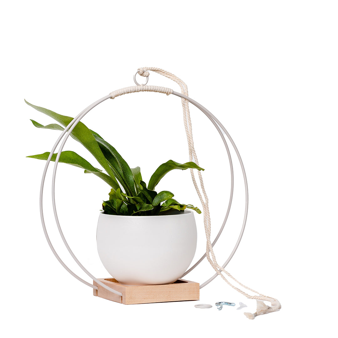 large plant hanger with white metal and maple wood base and white colored aluminum pot