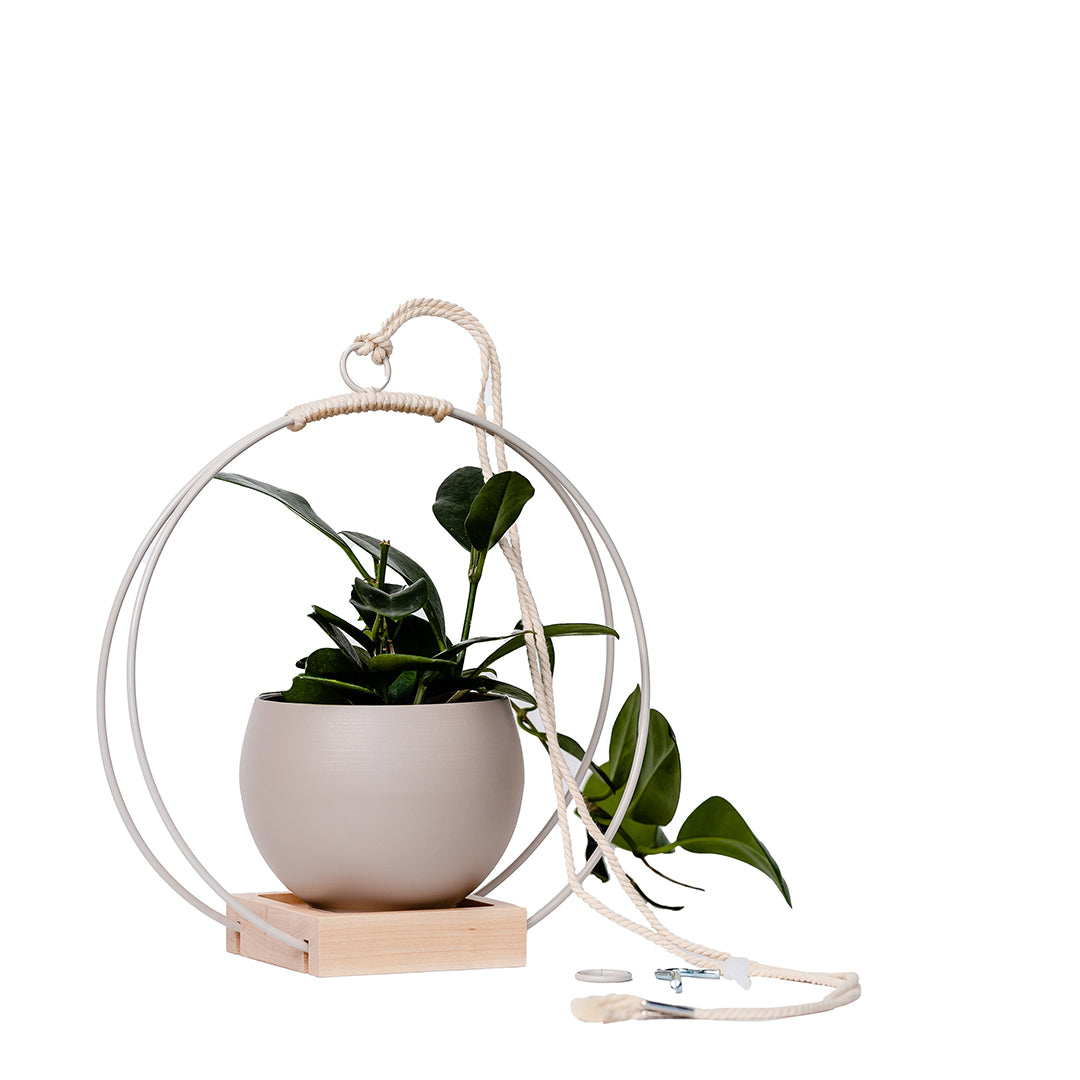 medium plant hanger with white metal and maple wood base and tan colored aluminum pot