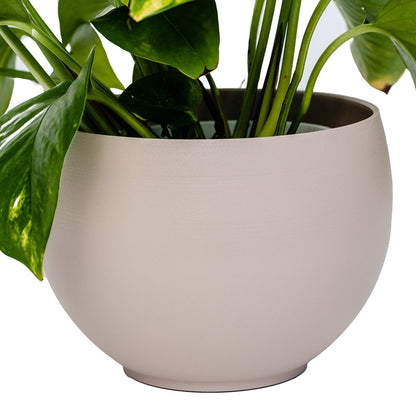 close up view of large aluminum tan colored pot with plant