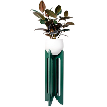 floor standing green wood plant stand with white aluminum pot and rubber tree