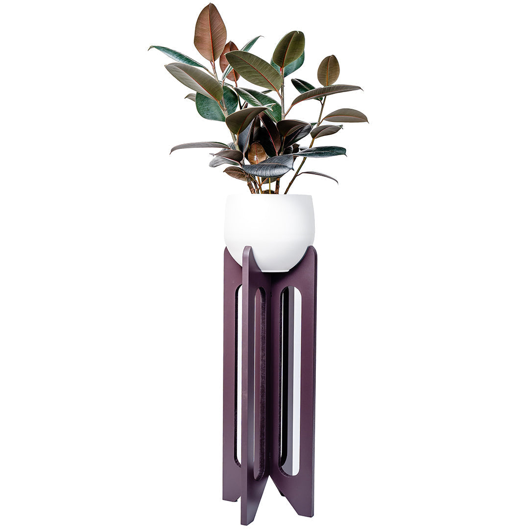 floor standing purple wood plant stand with white aluminum pot and rubber tree